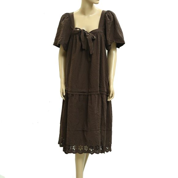 Free People Baldwin Midi Dress Lace Tiered Eyelet Embroidered Brown M New 282883 - Picture 1 of 5